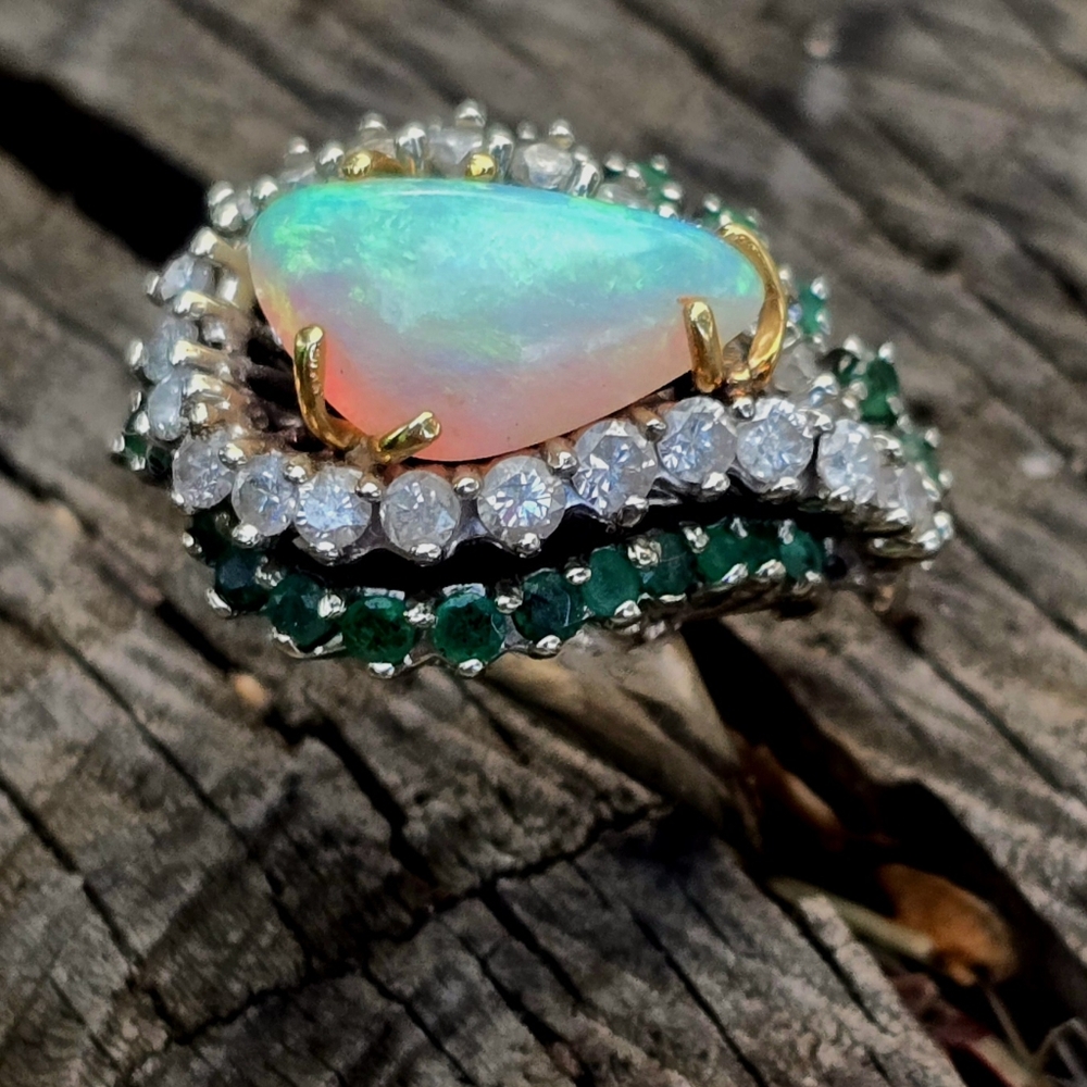 Lightning Ridge Opal, Emerald and Diamond ring 14k